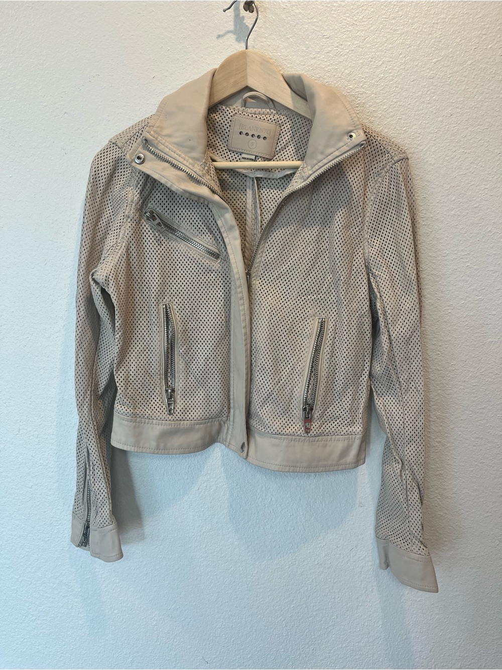 Blank NYC Beige Perforated Leather Zip Jacket